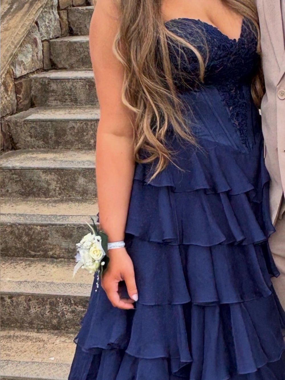 Sherri Hill Navy Lace Corset Tiered Prom Dress